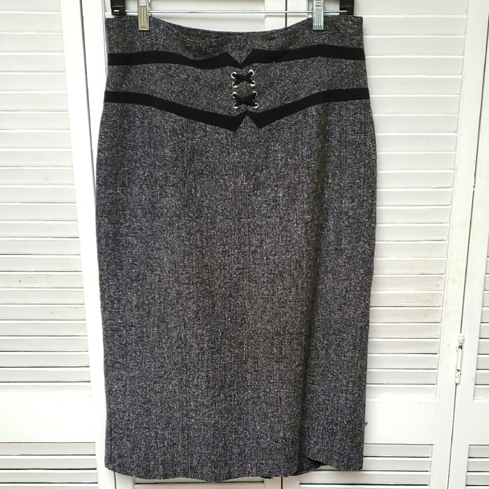 Worthington Tweed Charcoal Pencil Skirt with Black Corset Detail